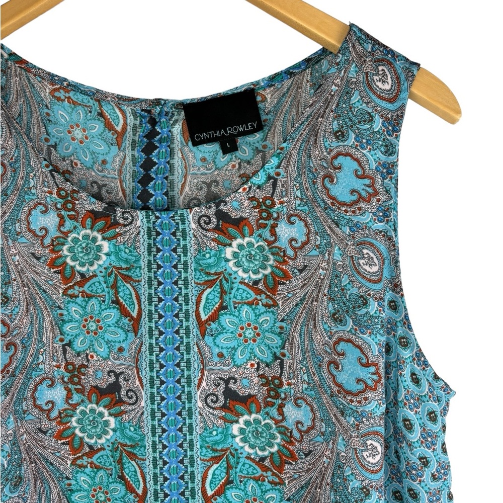 Like New Cynthia Rowley Boho Floral Sleeveless Blouse Large Teal Blue